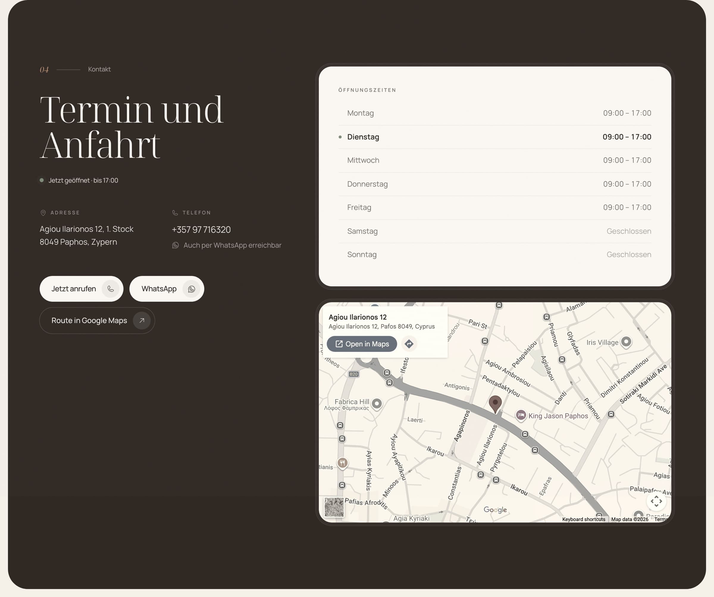 Contact with opening hours and map