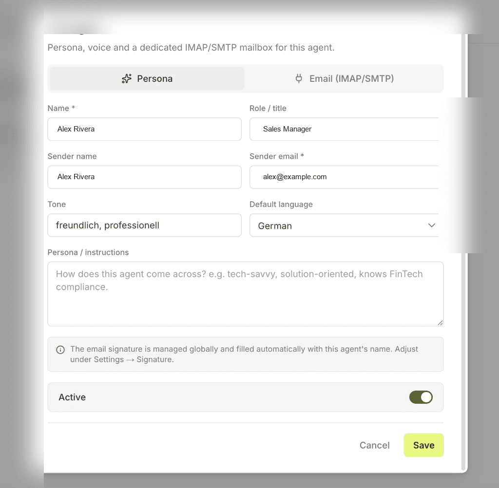Agent persona — voice, mailbox, instructions