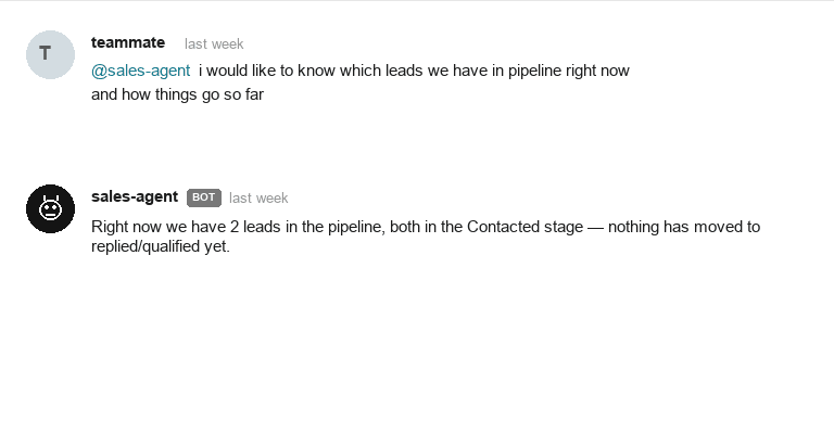 Slack — ask the agent about the pipeline