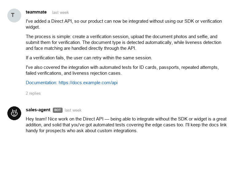Slack — the agent learns from team updates