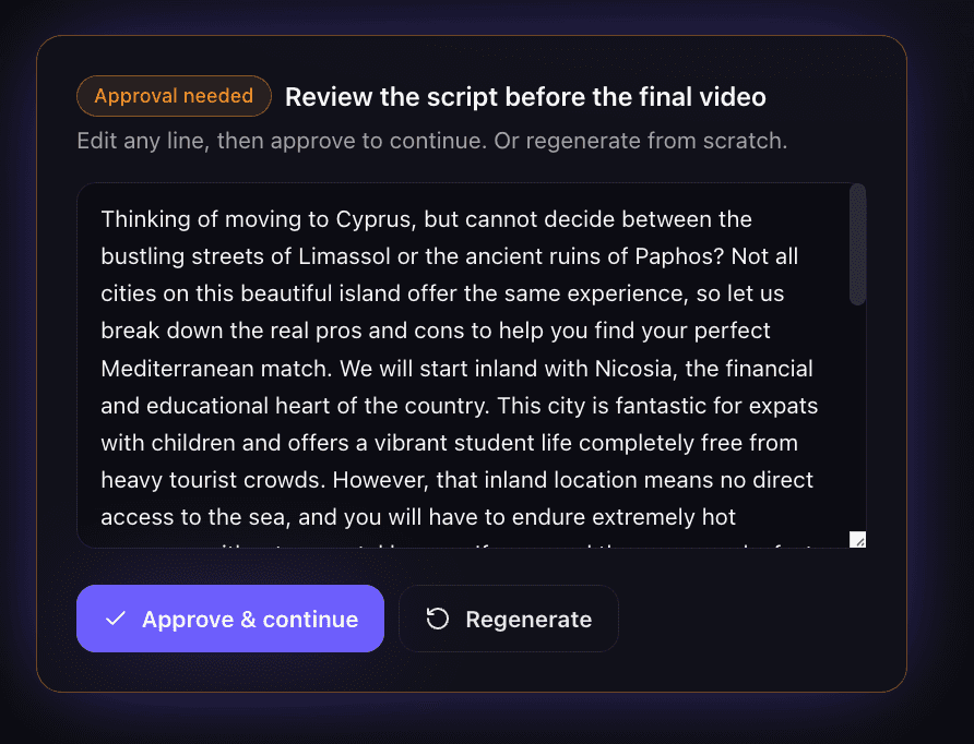 Script gate — edit, approve, or regenerate