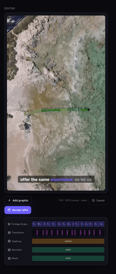 Editor — captions, timeline, render